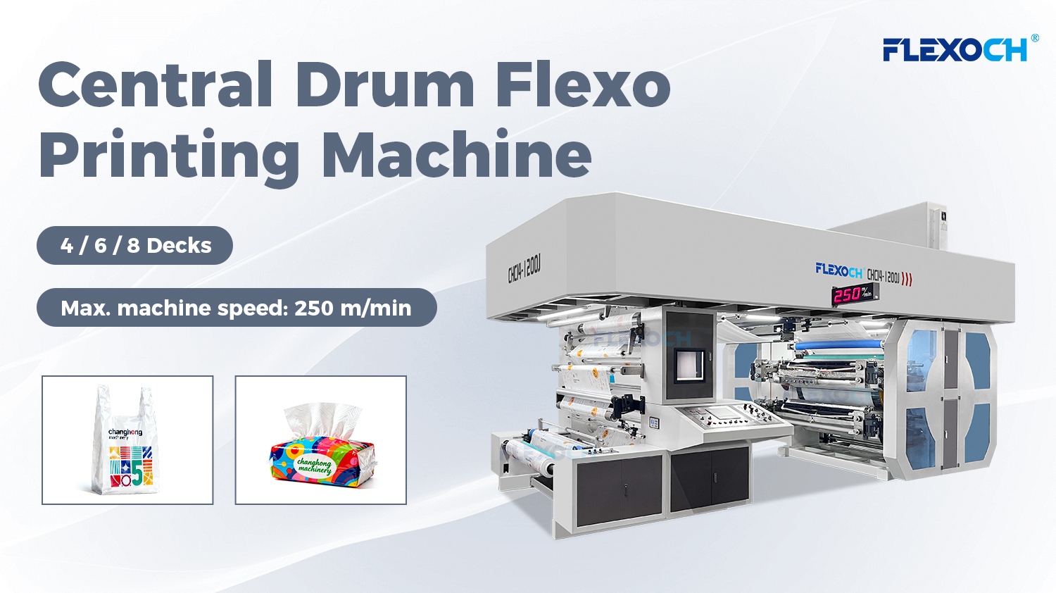 TUKEEKO 4-VÄRIINEN KESKUSRUMPUINEN FLEXO-PAINOTUSKONE YLEISPALAUTUSTA PE/PET/BOPP/CPP-MUOVILLE?