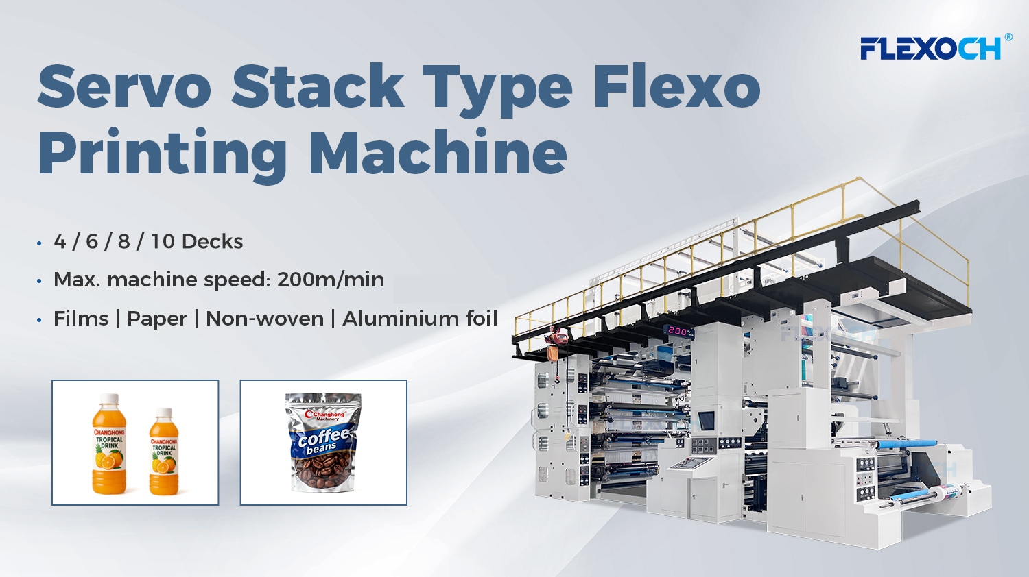 6 / 8 COLOUR SERVO STACK TYPE FLEXO PRINTING MACHINE WITH EXCEPTIONALLY STABLE PRINTING REGISTRATION